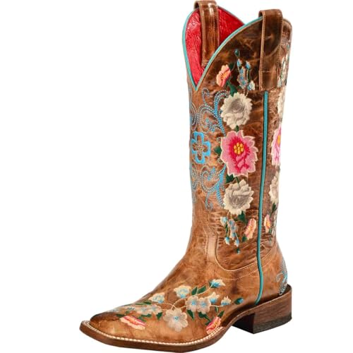 Bottes de cowboy hautes FGRID pour femmes en similicuir brodé