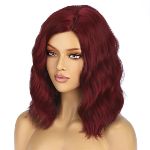 Image of BERON Wine Red Wigs for Women Short Curly Wavy Wig Girls Burgundy Color Body 14 Inch Heat Resistant Synthetic Hair Wig for Cosplay Party or Daily Use