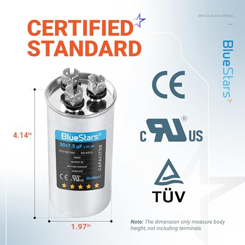 BlueStars 30+7.5 uF ±5% 30/7.5 MFD 370/440 VAC Dual Run Start Round Capacitor 50/60Hz 10000AFC for Condenser Straight Cool or Heat Pump Air Conditioner or AC Motor and Fan Starting