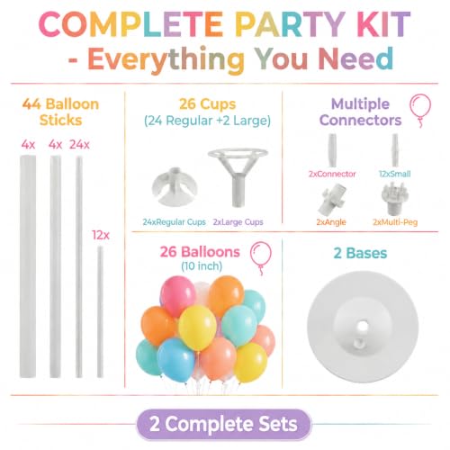 Image of Balloon Column Stand Kit,2 Sets of Assorted Rainbow Balloon Tower Pillar with 10inch Light Multi Color baloon Reusable Design for Wedding Birthday Baby Shower Party Decor