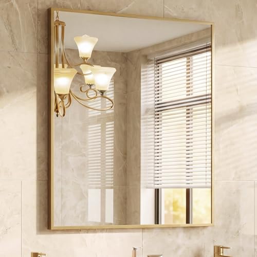 Image of NEWBULIG 30 inch x 36 inch Gold Rectangle Bathroom Mirrors for Wall, Morden Wall Mirror with Metal Frame, Tempered Glass, Vanity Mirror for Over Sink, Entryway, Living Room, Anti-Rust, Horizontal or Vertical