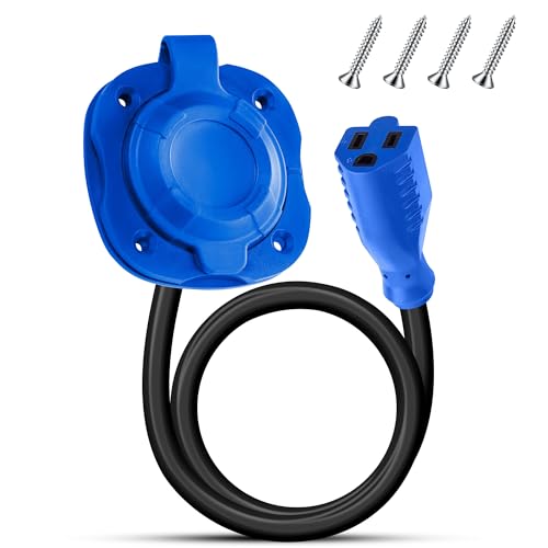 15 Amp 125V Shore Power Inlet Plug, NEMA 5-15 AC Port with Waterproof Cover and Integrated 18” Extension Cord for RV, Boat, Trailer, Generator