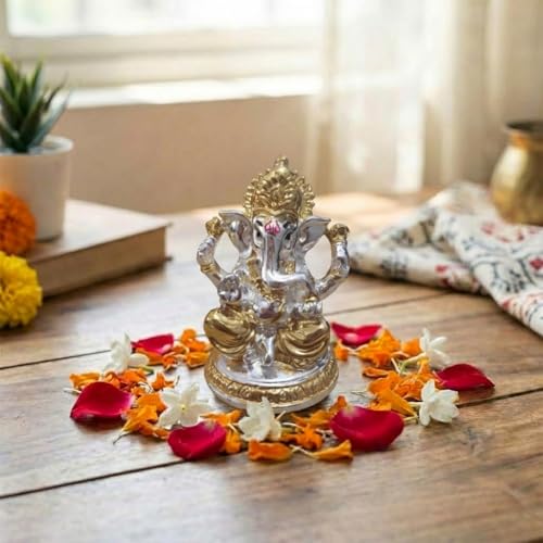 Image of Gold Plated Ganesh Idol | Ganpati Murti for Car Dashboard, Office Desk, Hindu God Gift & Home Decor - Resin (Silver - 2.5 in)