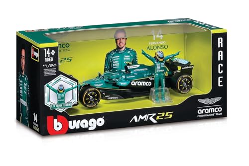 Bburago F1 Aston Martin AMR25#14 Alonso inkl. Figur Rennfahrer (2025) - Modellauto Formel 1 Maßstab 1:24, Originalgetreues Sammlerauto Spielzeugauto, ab 14 Jahren (18-28071A)