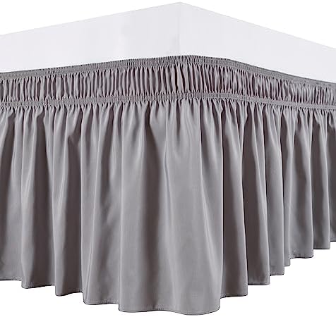 Biscaynebay Wrap Around Bed Skirts for Full & Full XL Beds 15 Inches Drop, Silver Grey Elastic Dust Ruffles Easy Fit Wrinkle & Fade Resistant Silky Luxurious Fabric Solid Machine Washable