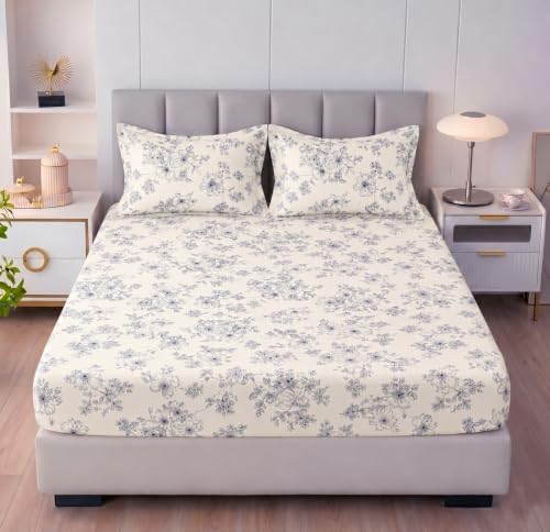 Image of BSB HOME 240 TC Premium Double Bed Fitted Bedsheet, Soft Comfortable Stretchable Mattress Sheet with Elastic Fitted Corners, Durable Easy Care Bedding, 72 x 72 + 10 Inches(183x183+25 cm) - Cream