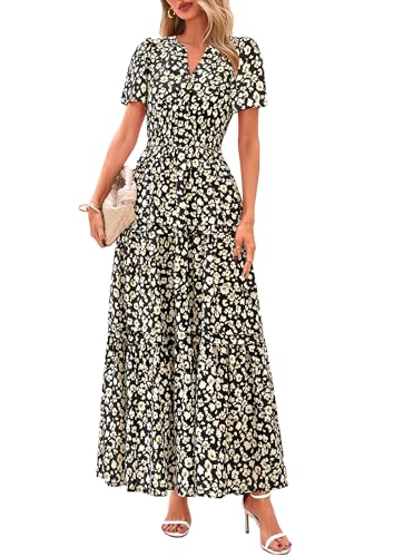 PRETTYGARDEN Women's 2025 Summer Boho Maxi Dresses Floral Short Sleeve V Neck A Line Tiered Flowy Long Beach Vacation Dress
