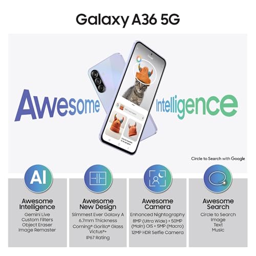 Image of Samsung Galaxy A36 5G (Awesome Lavender, 8GB, 256GB) | Awesome Intelligence: Circle to Search, Intelligent Editing | Awesome 4nm Snapdragon Processor | Flagship Grade Selfie Camera