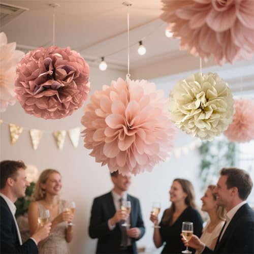 Image of We Moment Blush Pink Rose Gold Tissue Paper Flowers Decorations for Boho Birthday Bridal Shower Wedding Bachelorette Baby Shower Party Decor Ceiling Wall Hanging Tissue Pom Poms 12pcs 4 Colors