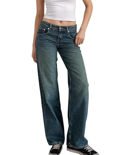 Low Rise Baggy Jeans for Women Y2K Low Waisted Straight Leg Trendy Bootcut Jeans Teen Girls Casual Loose Fit Boyfriend Jeans
