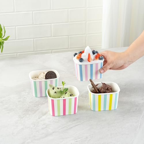 Image of Restaurantware Paper Cups 200 Count 12 Ounce Square Disposable Ice Cream Containers, Leak-Resistant Paper Dessert To Go Cups, Hot And Cold Food, Durable Assorted Stripes Design, Lids Sold Separately