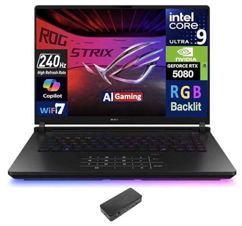 Image of ASUS ROG Strix AI Gaming Laptop 16.0 inch 240Hz Mini LED WQXGA Display (Intel Ultra 9-275HX, GeForce RTX 5080 16GB, 64GB DDR5, 8TB PCIe SSD, RGB KB, 2 Thunderbolt 5, WiFi 7, Win 11 Pro) w /USB-C Dock