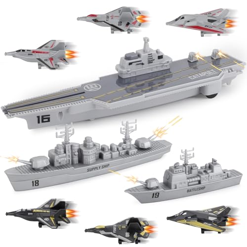 deAO unità di Difesa Militare Gioco Portaerei con Funzione di Espulsione, Veicoli Aerei e Marittimi Inclusi Set da 9 Pezzi Collezione di Forze Armate per Bambini