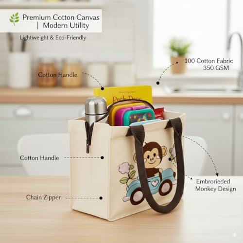 Image of Kids Lunch Bag | Cute & Stylish Embroidery Mini Tiffin Bag for Boys & Girls | Cute Cotton Cartoon Design I Picnic Tuition School, Preschool & Playschool | Gift for Birthday