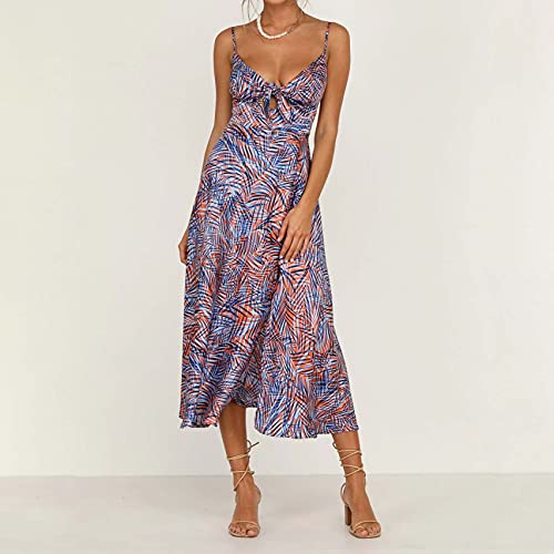 Image of Fashionme Women Spaghetti Strap Midi Satin Dresses Tie Front Backless Slit Cutout Dress Semi-Formal /Casual Flowy Lightweight