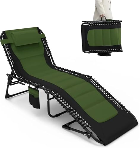 Tumbona plegable con cojín, silla reclinable portátil con 5 posiciones ajustables, capacidad de carga de 150 kg, 200 x 68 cm, ideal para acampar y relajarse al aire libre (verde)