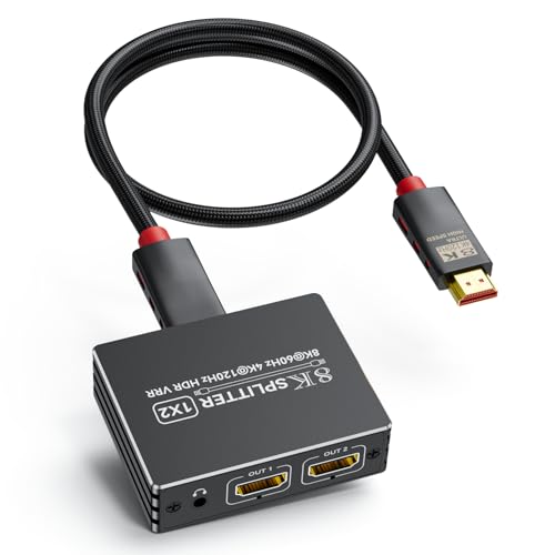 BolAAzuL HDMI 2.1 Splitter 1 in 2 Out 4K 120Hz w/ 8K HDMI Cable & Power