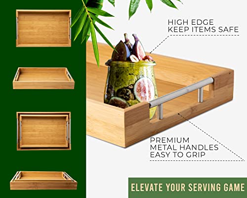 Set Of 2 Modern Bamboo Serving Trays With Metal Handles – Wooden Ottoman Trays For Entertaining & Serving Food - Natural Color #TOP6