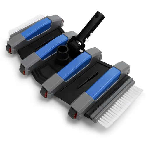 Aourana Pool Cleaning Vacuum Head with Wheels & 1-1/4", 1-1/2" Hose Adapter，Heavy Duty Pool Vac Head，Professional Weighted Flexible Vacuum Head with Bottom Brush & Side Brush，EZ Clip Handle (Blue)