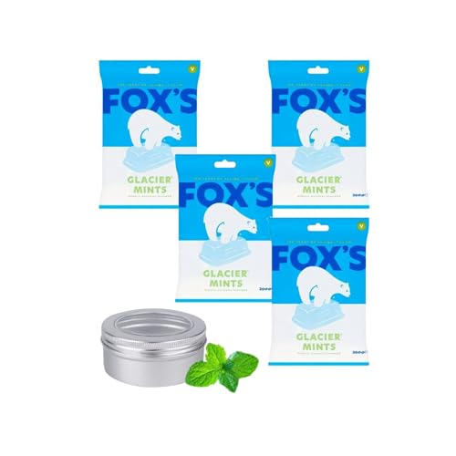 Foxes Glacier Mints x 4 Bags x 200g Bundle with TinTastic Refillable Silver Travel Tin