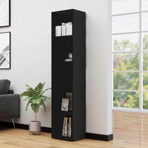 fsahslih Book Cabinet Black Engineered Wood 6-Tier Storage Shelves with Drawers Modern Tall Bookcase for Living Room Bedroom Office Minimalist Display Rack 11.8 x 14.2 x 67.3 in - Image 2
