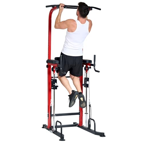 SogesGame Power Tower pull up dip station,Multi Function Adjustable Height Pull Up Bar of Assisted Pad,Strength Training Exercise Equipment with Elastic Rope for Home Gym Workout,330 Lbs (Red)