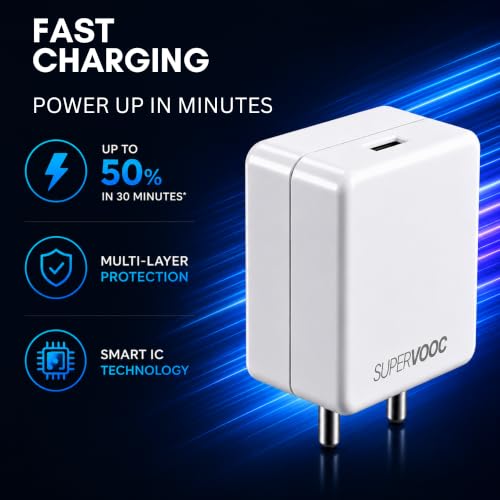 Image of Umake 80W SuperVOOC Fast Charger Adapter, USB-A Wall Charger with Smart IC Protection, High-Speed Charging Compatible with OnePlus 13 /12 /11, Nord Series, Oppo, Realme, Vivo Smartphones - White