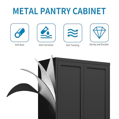 Image of 48 inch H Black Steel Pantry Storage Cabinet with 3 Adjustable Shelves | 4-Tier Tall Metal Cabinets for Kitchen, Living Room, Garage, Heavy Duty Freestanding Utility Cabinet, Assembly Required