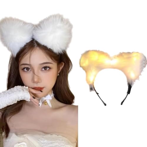 Light Up Headbands LED Cat Ears Headband Faux Fur Hair Hoop Cute Colored Light For Festival Party Accessories (Warm White)