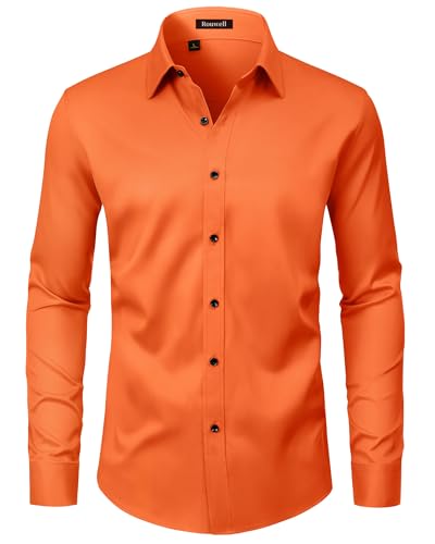 ROUWELL Mens Orange Dress Shirt Long Sleeve Wrinkle Free Stretch Non Iron Business Casual Work Button Up Tuxedo Shirts L