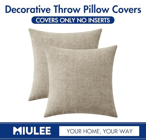 Image of MIULEE Pack of 2 Couch Throw Pillow Covers 20x20 Inch Soft Light Taupe Chenille Pillow Covers for Sofa Living Room Solid Dyed Pillow Cases