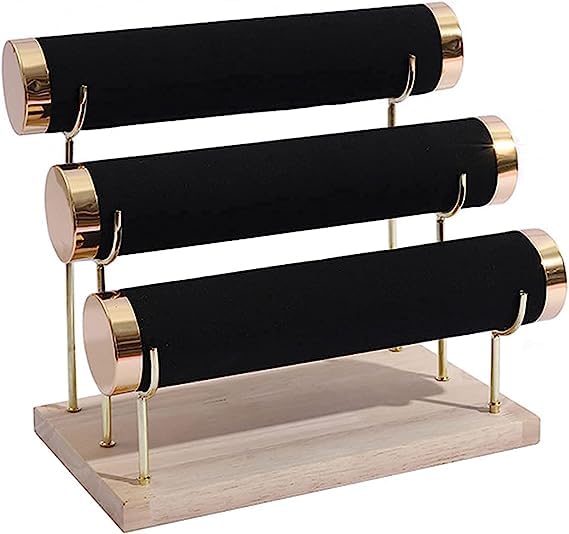 Image of Wooden Metal 3 Roll Black Gold Metal Chrome Finished Wooden Jewellery Display Stand