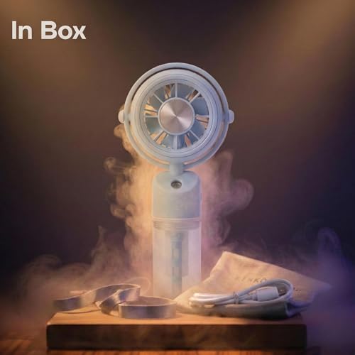 Image of Desidiya Mini Portable USB Rechargeable Hand Fan With Mist Diffuser 8000 RPM, 1200mAh Rechargeable Battery, Up to 6H Runtime, 3 Speed Modes With Mist Button Hand Fans for Summer, Blue Colour