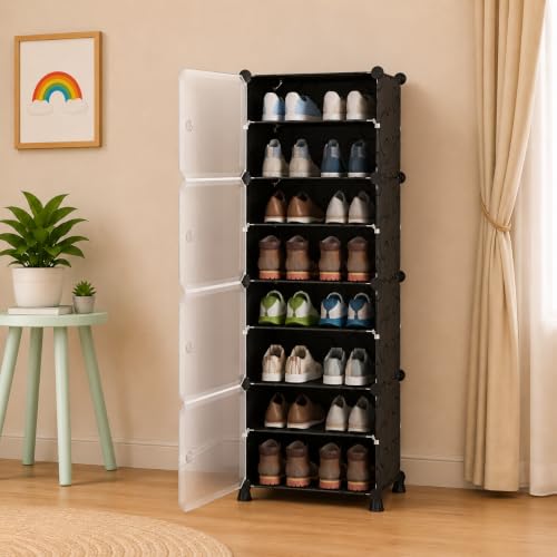 Image of Plastic Shoe Rack for Home with Door | 8-Shelf DIY Shoe Cabinet Organiser | Stores 16 Pairs | Foldable & Waterproof Shoe Stand for Entryway, Bedroom