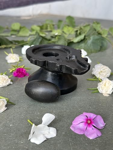 Image of Shivam VASTU AKAL 1.5 inch Original Narmadeshwar Narmada Shivling with 3 inch Narmada Stone Yoni Base Jaladhari (Black Shivling, Black Designer Damru Jaladhari)