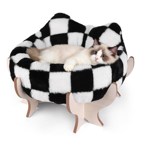 Bartuke große 46x28CM Katzen/Hunde Betten, Katzenkissen Rund mit Erhöhtem Holzständer, Katzenbett Hundebett waschbar, Katzenschlafplatz für Katzen oder kleine Hunde, Haustier Zubehör Indoor
