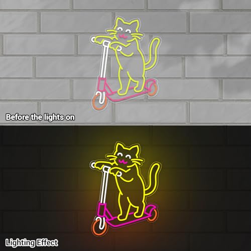 Image of Cute Cat Neon Sign, Skateboard Neon Signs for Wall Decor Dimmable USB Room Decor for Teen Girl, Party, Bedroom, Pub, Furniture, Gifts for Birthday, Christmas (Skateboard Cat-Yellow)