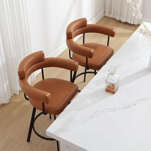 Butacos giratorios de altura para barra, juego de 4 unidades, asiento de cuero sintético, patas metálicas, color marrón miniatura 3