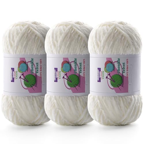 Image of 3 Skeins Soft Fluffy Velvet Yarn, Chenille Chunky Yarn for Hand Knitting and Crocheting DIY Craft, Amigurumi Crochet Yarn(3x196.8yds, 3x3.5oz) (Cream White)