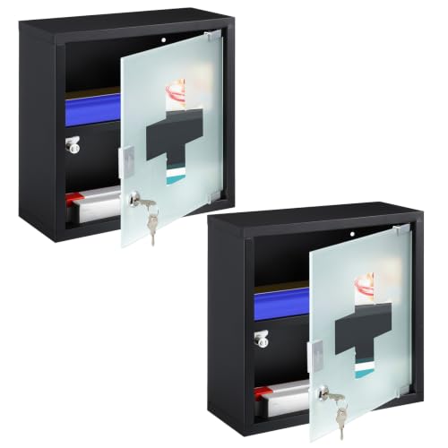 Botiquín de pared con cerradura Huwena, 2 unidades, para medicamentos y primeros auxilios, con 2 estantes, puerta de vidrio de seguridad, para baño (negro) miniatura 1