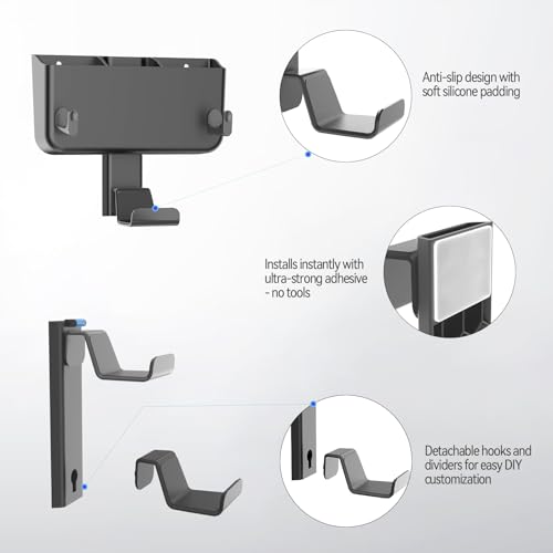 Image of Controller & Headset & Remote Holder Wall Mount with No Drill, 4 Packs Gaming 8 Controllers Hanger Hook Mount for PS5 /PS4 /XBOX /Switch, Headphone Stand & Remote Control Holer Wall Shelf with Adhesives