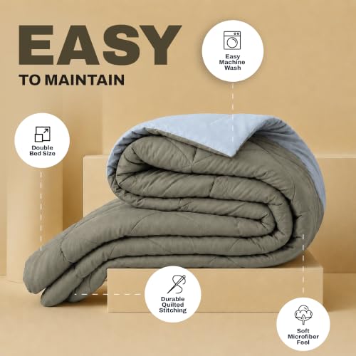 Image of DECORUM Reversible Microfiber Comforter for Double Bed | Olive Green & Light Grey | Soft Lightweight All Season Quilt | Premium Filled Bed Comforter | (228 X 223 CM)