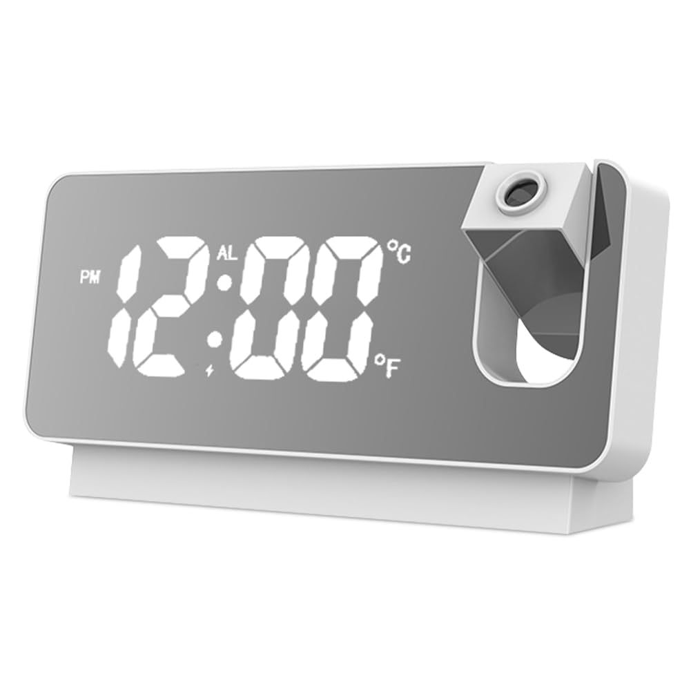 Sveglia digitale con proiezione, orologio digitale a LED, con data, temperatura, comodino, camera da letto, schermo extra grande, senza radiazioni, orologio digitale (bianco)