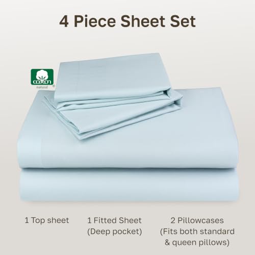Image of California Design Den Queen Sheet Set - Natural 100% Cotton Queen Bed Sheets, Soft Sateen, Deep Pockets, Breathable and Durable Bedding - Baby Blue