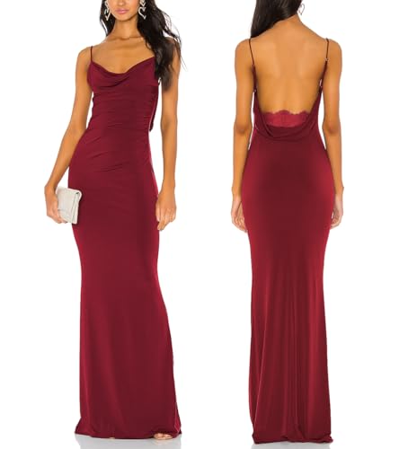 Image of Aigeman Women Spaghetti Straps Mermaid Evening Gown Wedding Guest Dress Drape Neck Lace Backless Formal Maxi Dress 21