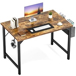 OLIXIS Computer Small Office Desk 40 Inch Writing Study Work with Storage Bag, Headphone Hooks, Home Simple Modern Wood Kids Student Table – Rust Brown