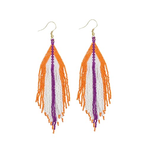 INK+ALLOY Game Day Earrings for Women, Luxe Beaded Fringe Earrings for Sports Fans, Handmade Jewelry for College Students, Alumni, Teachers, Football Moms (Purple & Orange)