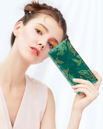 Image of Nipichsha Womens Wallet, RFID Slim Wallets for Women, Thin Ladies Credit Card Holder Purse, Cute Leather Bifold Clutch Billfold with 11 Card Slots & ID Window, Luxury Green Leaf