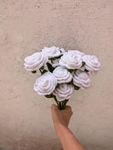 Image of Prapti Handicrafts Handmade Crochet Rose Artificial Forever Flowers for Vase, Home Decoration (3, White Rose)