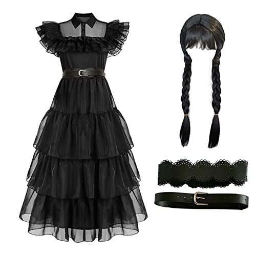 Manooby Wednesday Addams Kostüm-2023 Wednesday Addams Kleid Geschenke Wednesday Addams Kostüm Kinder,Gothic School Fancy Dress Raven Cosplay,Kinder/Erwachsene Dress Addams Cosplay Kostüm Cover